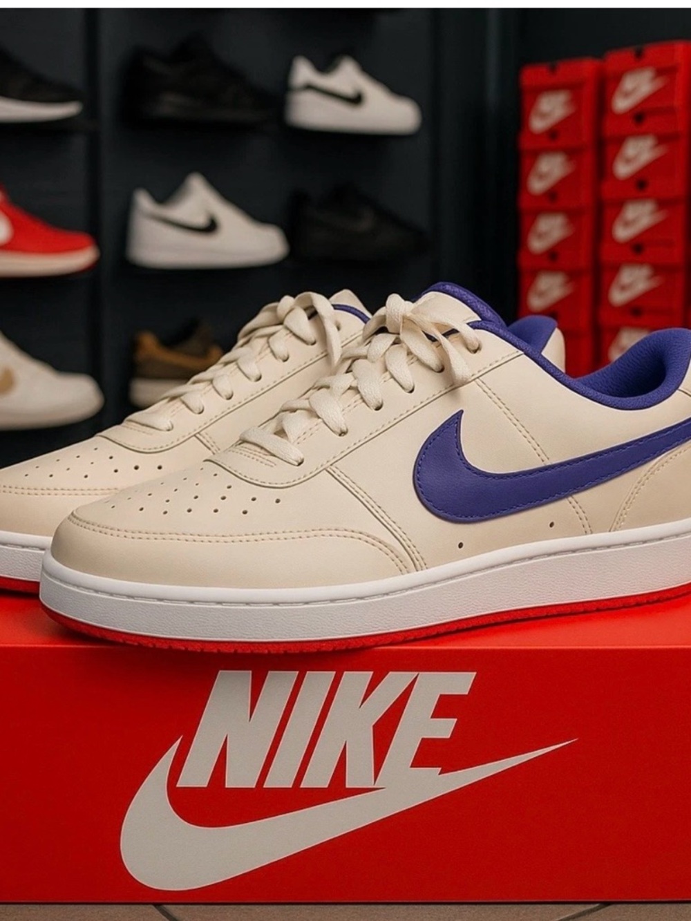 Nike Men’s Low-Top Sneakers — Cream with Purple Swoosh